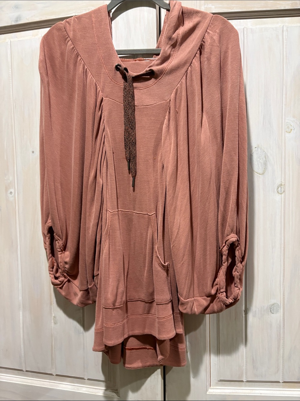 Dusty Rose Pullover Hoodie Tunic with Ruched Sleeves
